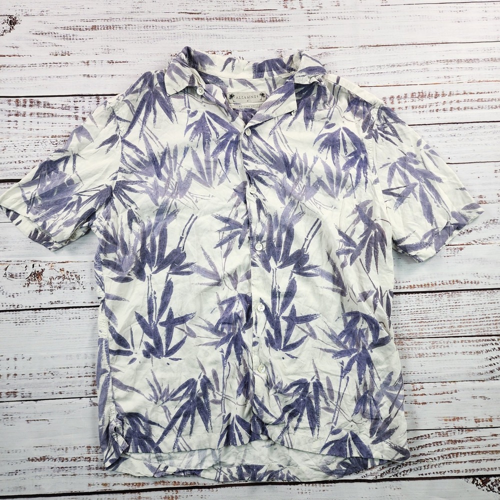 AllSaints Bambusa Relaxed Fit Bamboo Leaf Short Sleeve Camp Shirt Mens Medium M